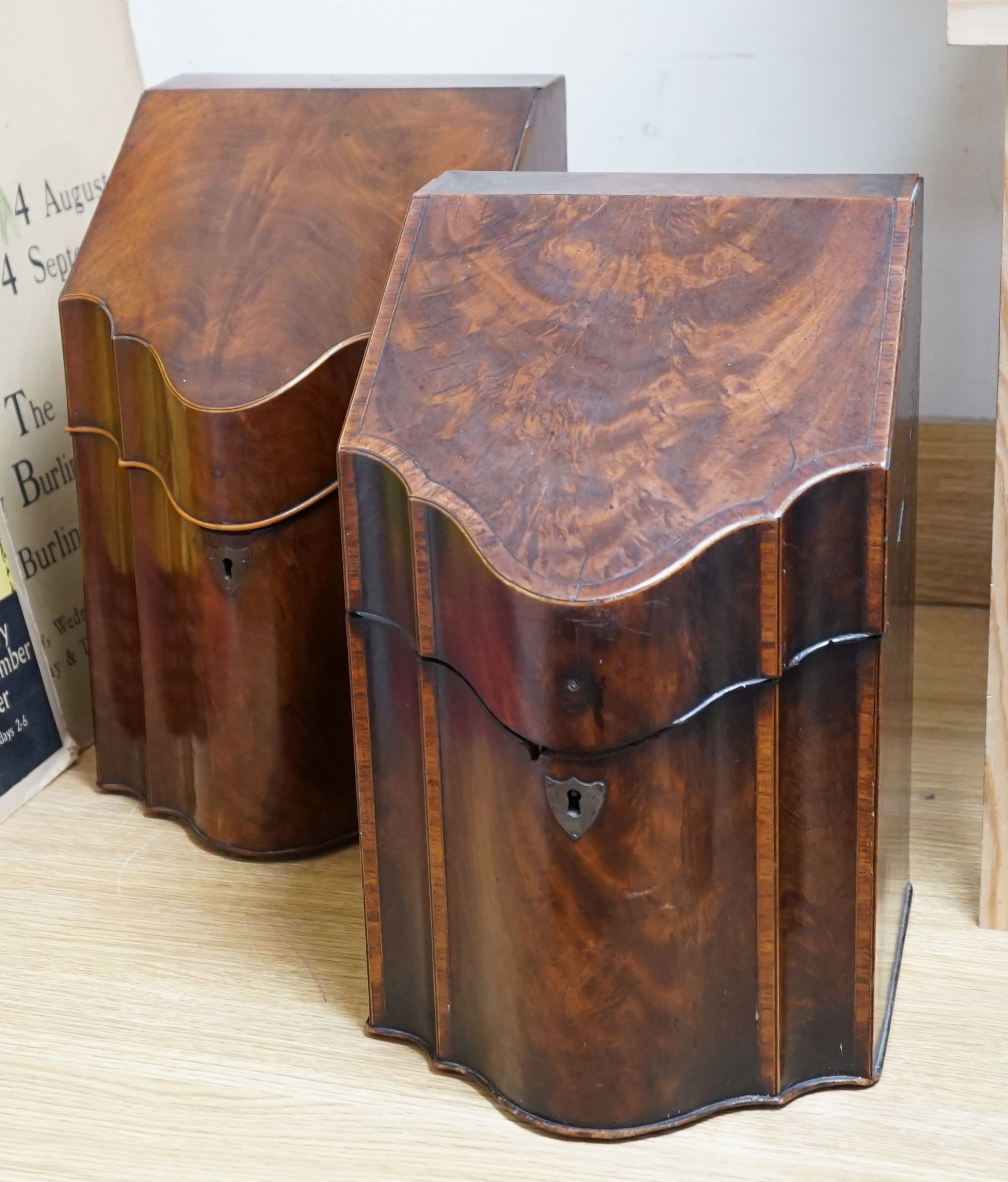 Two George III line inlaid mahogany knife boxes - one converted to a cellarette